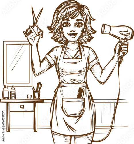 An engraving art style illustration hand drawn sketch of a happy female hairdresser or barber holding scissors and a hairdryer in a salon setting