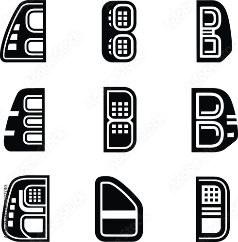 Modern car tail light icons set with various led lamp designs for automotive industry illustration vector isolated on white background for vehicle styling and parts.