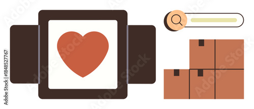 Heart icon in a package box, search bar magnifying glass, and stacked boxes. Ideal for e-commerce, online delivery, logistics, customer care, product appreciation, search optimization simple flat