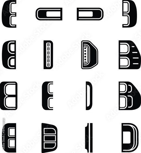 Set of car tail light icons and automotive rear lamp silhouettes in flat black vector style for vehicle lighting spare parts and automotive headlight graphics.