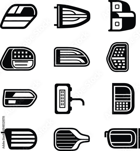 Collection of car tail light icons and automotive rear lamp silhouettes set in flat black vector style for vehicle lighting spare parts and headlight design.
