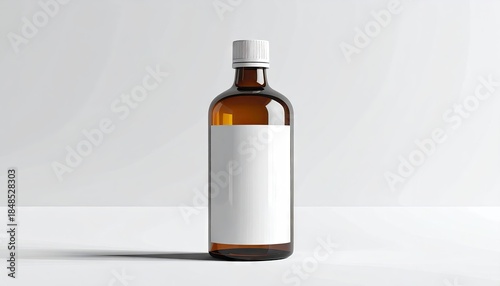 Single Medicine Bottle with Blank Label Stands on White Surface for Product Mockup