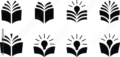 Collection of stylized open book with radiating lines and lightbulbs