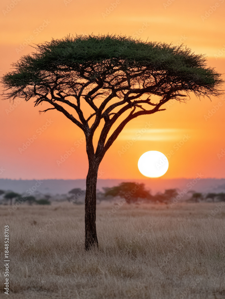 Fototapeta premium Acacia tree silhouette at sunset on the savanna.