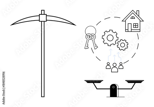 Mining, real estate, business strategy, balance, collaboration, legal framework. A pickaxe, a house key a home gear people figures and scales are . Mining and real estate concepts