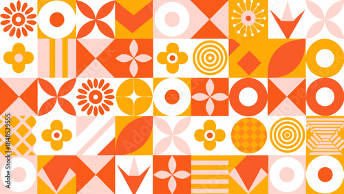 A colorful geometric pattern with repeated shapes and a retro aesthetic