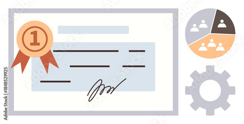 Certificate with badge, signed document, pie chart showing team dynamics, and gear icon. Ideal for education, teamwork, recognition, success, professional growth collaboration simple flat metaphor
