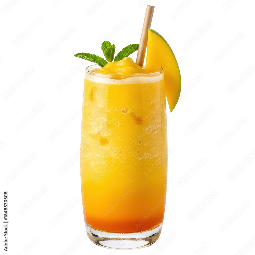 Fototapeta premium Mango smoothie with straw and mint leaves in glass isolated on transparent background