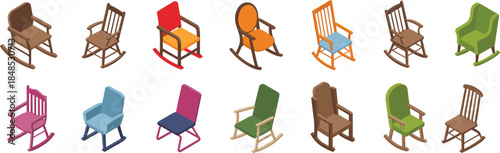Collection of colorful isometric rocking chairs including wooden, vintage and modern designs for home interior, flat vector illustration isolated on white background.