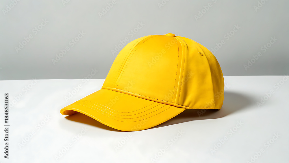 Fototapeta premium Bright yellow baseball cap on white surface