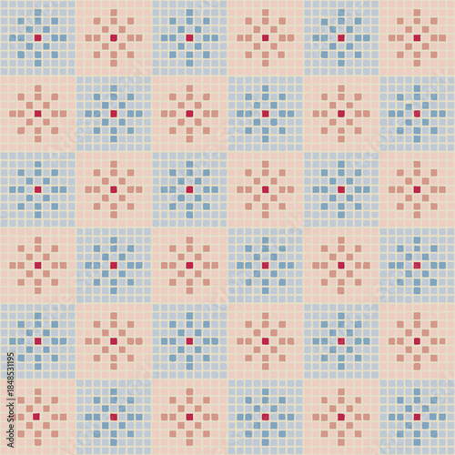 flowers of hand drawn squares. vector seamless pattern. blue, pink repetitive background. modern decorative art. geometric fabric swatch. embroidery template. textile design. home decor