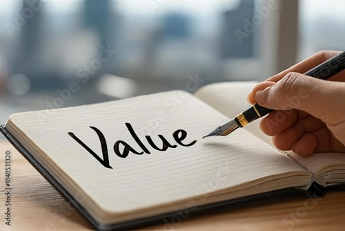 Hand Writing Value on Notepad with Fountain Pen in Soft Light