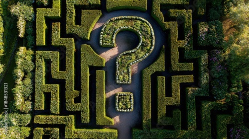stammer. Aerial view of a hedge maze shaped like a question mark with a light symbol at its end. travel magazines, destination branding, designed for outdoor magazines and nature guides.