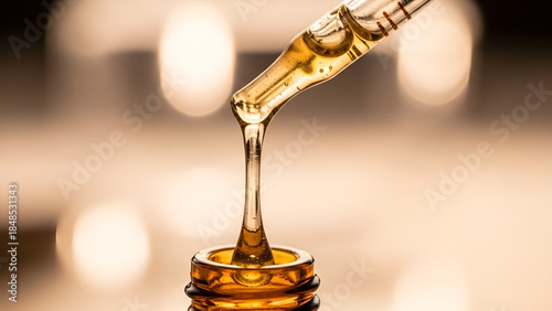 Wallpaper Mural Precise drop of golden oil flowing from a pipette into a small glass bottle, symbolizing purity, concentration, and natural essence for health and wellness products Torontodigital.ca