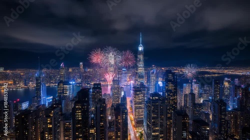 Wallpaper Mural Aerial nighttime cityscape of a densely populated metropolitan area with skyscrapers and fireworks exploding in the sky, captured with a wide-angle shot and vibrant colors. Torontodigital.ca