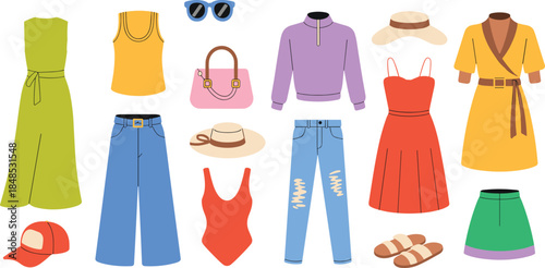 Colorful set of trendy women's summer clothing items including dresses, jeans, tops, swimwear, and accessories like hats, isolated on white background for fashion design.