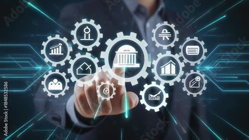 Empowering Digital Transformation Human Hand Interacting with a Futuristic Administrative and Financial Management System Interface for Business Efficiency and Growth