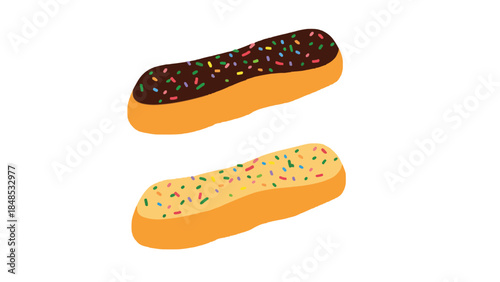 Two eclairs with colorful sprinkles sit against a white background.