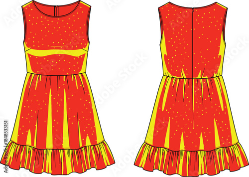 Sleeveless dress illustration, red yellow color, fitted bodice, waistband, flared ruffle hem, front back view, fashion design, garment sketch, vibrant style