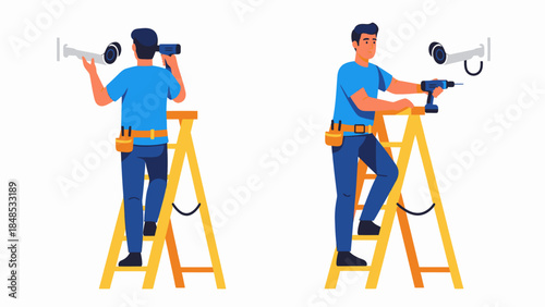 Two technicians installing security cameras from elevated ladders in a professional setting