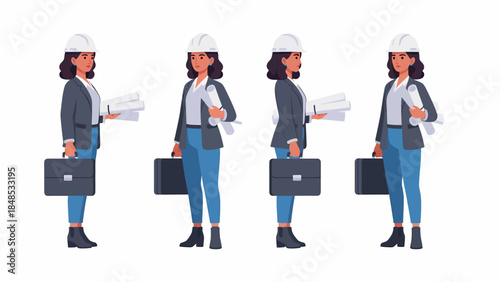 A young professional woman walking and holding documents and a briefcase in various poses