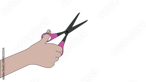 A hand holds a pair of pink-handled scissors, ready to cut.