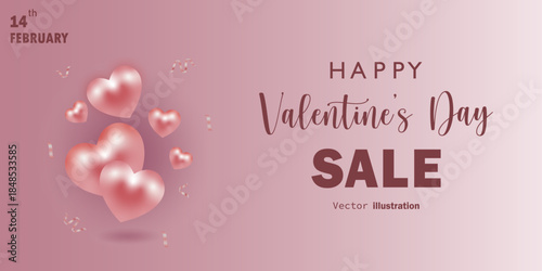 Valentine’s Day sale vector with glossy pink heart balloons, festive gradient background, romantic ribbon decor, 14 February promotional design for banners, flyers, posters, ads, and social media