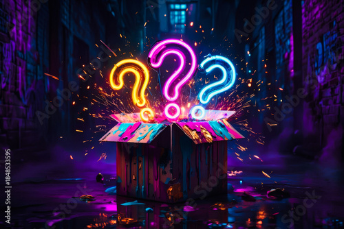 Luminous Neon Question Marks Floating Above a Dark Box