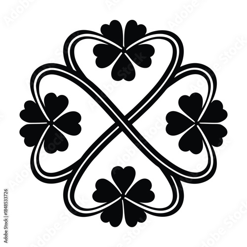 Stylized Black Four Leaf Clover Emblem with Intertwined Hearts shamrock luck
