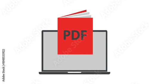 A red PDF book is placed on top of a laptop computer screen.