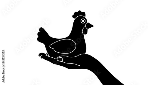A hand holding a chicken in a black and white illustration.