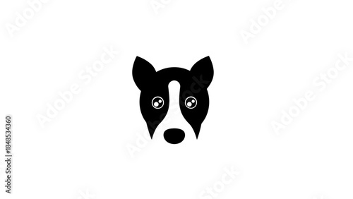 A stylized black and white illustration of a dog's face.