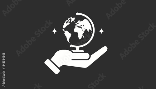 White icon of a hand holding a globe with stars on a dark background.