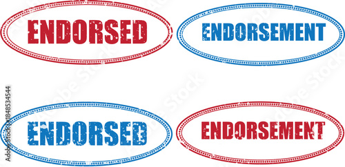 Four distressed oval rubber stamps with the words endorsed and endorsement in red and blue colors