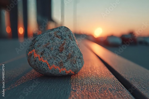 Sunset Stone on Boardwalk with Bokeh Background Near Water