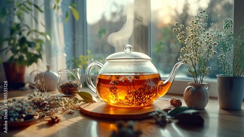 A glass teapot with herbal tea and steam rising, surrounded by flowers and plants on a wooden table in sunlight. 4k Video footage.