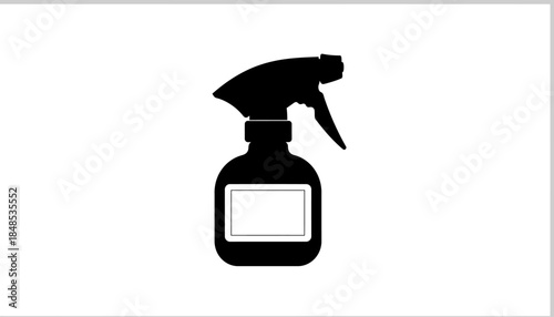 Black silhouette of a spray bottle with an empty label, isolated on a white background, useful for various cleaning and household tasks.