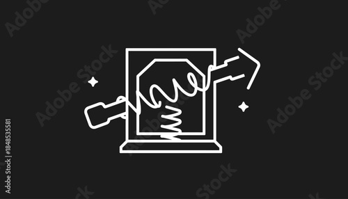 Creative lightbulb idea emerging from laptop screen with arrows and stars, representing innovation and technology.