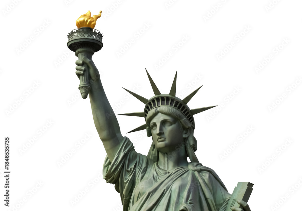 Fototapeta premium Statue of Liberty isolated PNG on transparent background, iconic American symbol of freedom and democracy, New York landmark, bronze sculpture, torch