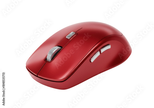 Red wireless computer mouse isolated on transparent background PNG, ergonomic design for comfortable use and precise control