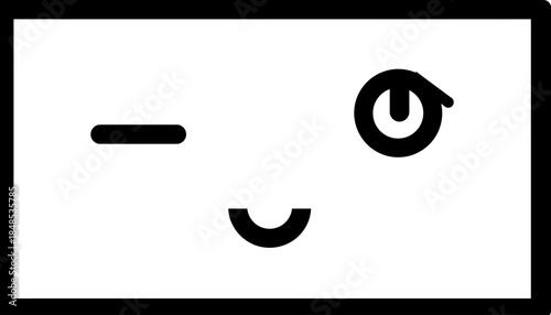 Winking face with a smile and power button eye, black and white icon.
