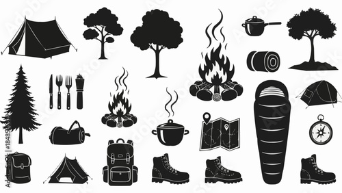Camping and Outdoor Adventure Gear Collection Silhouette.