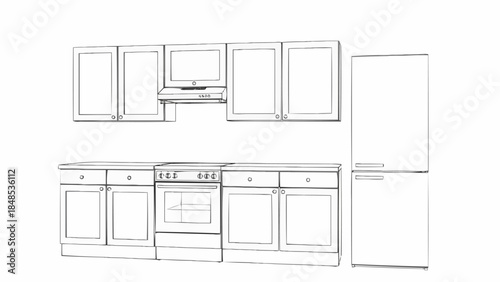 Kitchen Cabinets Stove and Refrigerator Line Drawing.