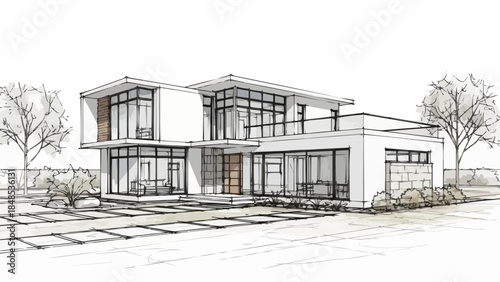 Modern Architectural Sketch of a Luxury Two Story House.