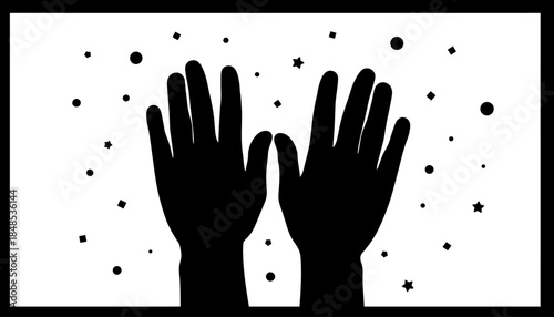 Black and white illustration of two hands reaching up surrounded by small dots, creating a minimalist and abstract design.