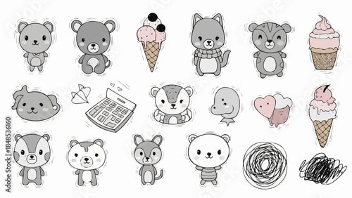 Cute cartoon animals and ice cream illustrations for children.