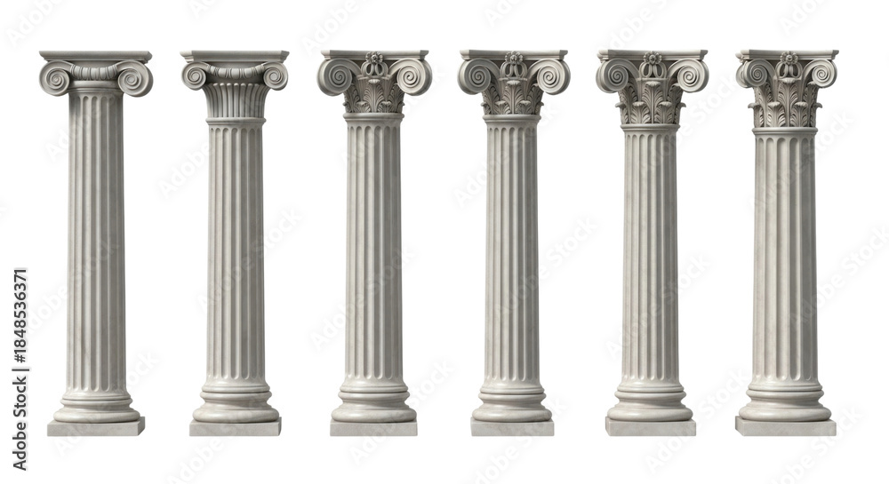 Obraz premium Set of six ancient greek columns isolated on transparent background