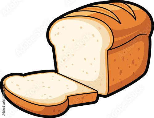 A cartoon illustration of a partially sliced loaf of white bread with a golden brown crust and bold black outlines.