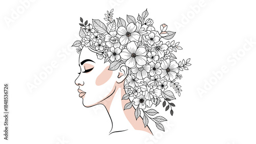 Profile of Woman with Floral Hair Line Art Illustration