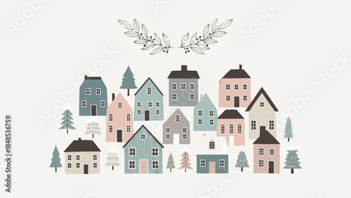 Charming collection of diverse houses and trees in a whimsical village setting.